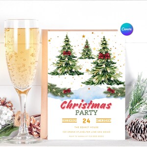 May include: A Christmas party invitation with watercolor Christmas trees, red bows, and gold stars. The invitation includes the text "Christmas Party" and event details. A champagne flute is on the left, and a pine cone is on the right.