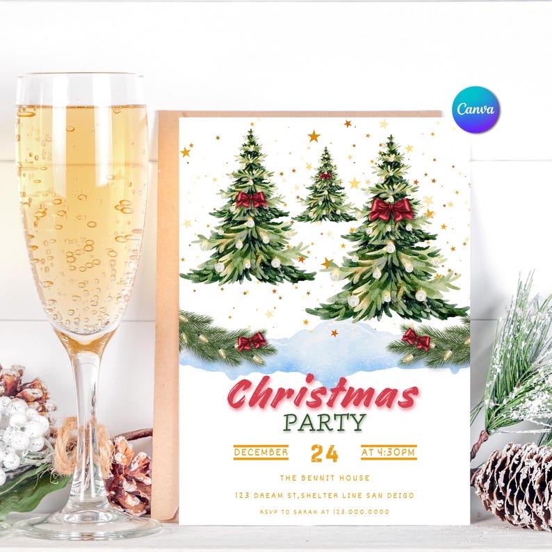 May include: A Christmas party invitation with watercolor Christmas trees, red bows, and gold stars. The invitation includes the text "Christmas Party" and event details. A champagne flute is on the left, and a pine cone is on the right.