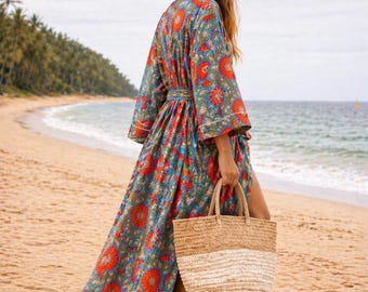 Hand Block Print Cotton Kimono Robe: Floral Midi Bathrobe