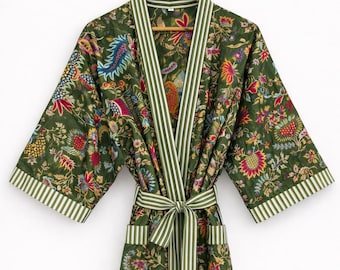 Cotton Kimono Robe Dressing Gown, Block Print Bridesmaid Robe, Summer Nightwear, One Size