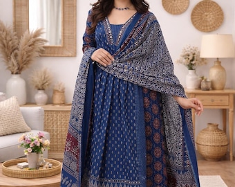 Women Anarkali Kurta Set with Printed Dupatta, Viscose Rayon Kurta Pant Set, Indian Ethnic Suit, Festive Traditional Outfit