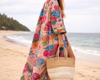 Vestaglia kimono in cotone, vestaglia da damigella con stampa a blocchi, pigiama estivo, taglia unica