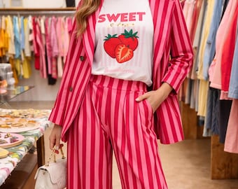Pink Striped Co-Ord Set for Women | Blazer and Wide Leg Pants Set | Summer Two Piece Outfit | Casual Chic Suit | Trendy Matching Set