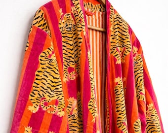 Tiger Print Kimono Robe, Handmade Velvet Cotton Nightwear, Women Dressing Gown, Luxury Lounge Gift