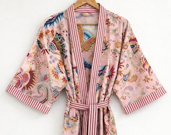Cotton Kimono Robe Dressing Gown, Block Print Bridesmaid Robe, Summer Nightwear, One Size