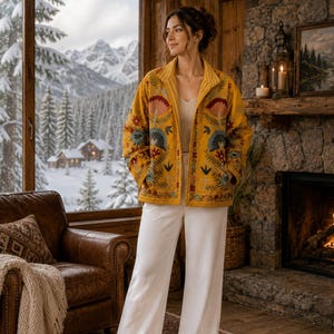 May include: A mustard yellow jacket featuring intricate floral embroidery in shades of blue, pink, and green, worn over a white top and wide-leg white trousers. The jacket has a collared neckline, long sleeves, and a button-down front closure.