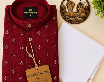 Men’s Embroidered Kurta Pajama Set – Pure Cotton Sequin Work – Traditional Indian Festival & Wedding Wear