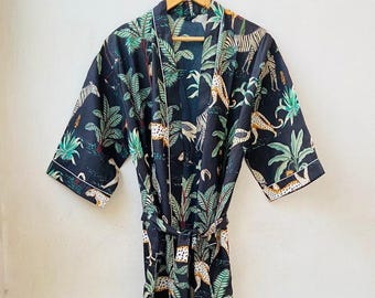 Cotton Kimono Robe Dressing Gown, Block Print Bridesmaid Robe, Summer Nightwear, One Size