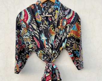 Cotton Kimono Robe Dressing Gown, Block Print Bridesmaid Robe, Summer Nightwear, One Size