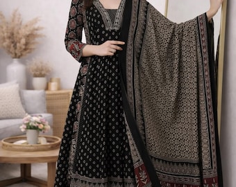 Women Anarkali Kurta Set with Printed Dupatta, Viscose Rayon Kurta Pant Set, Indian Ethnic Suit, Festive Traditional Outfit