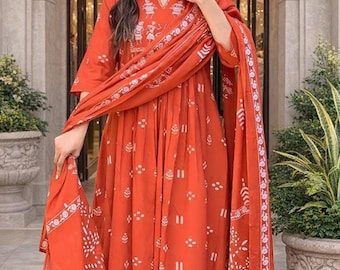 Rust Orange Anarkali Kurta Set with Pant & Dupatta | Rayon Viscose Ethnic Print