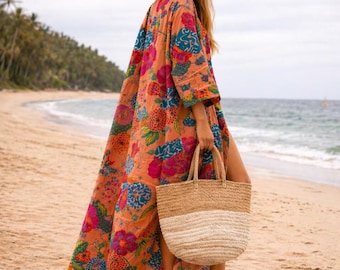 Cotton Kimono Robe Dressing Gown, Block Print Bridesmaid Robe, Summer Nightwear, One Size