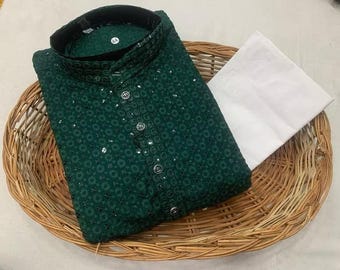 Men’s Embroidered Kurta Pajama Set – Pure Cotton Sequin Work – Traditional Indian Festival & Wedding Wear