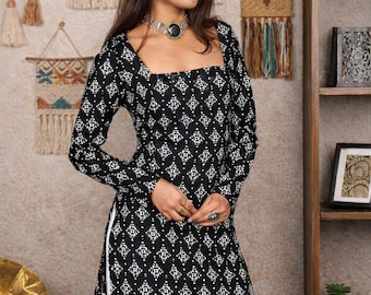 Black Cotton Chadi Printed Kurti | Square Neck Summer Tunic Top
