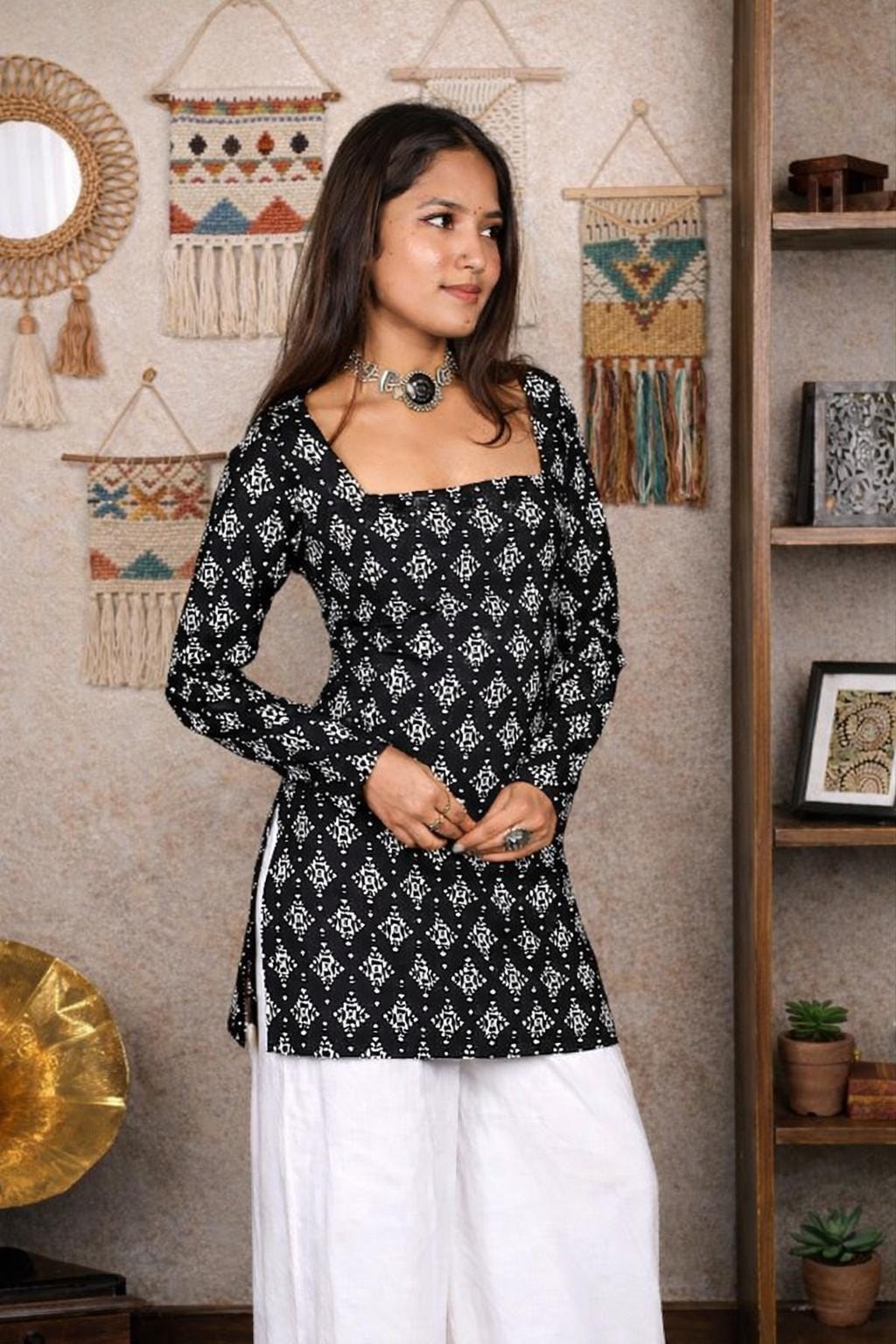 Black Cotton Chadi Printed Kurti Square Neck Summer Tunic Top