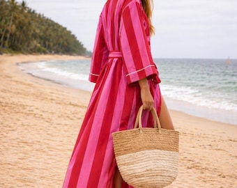 Cotton Kimono Robe Dressing Gown, Block Print Bridesmaid Robe, Summer Nightwear, One Size