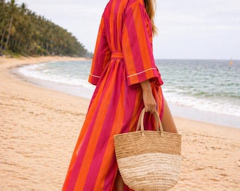 Cotton Kimono Robe Dressing Gown, Block Print Bridesmaid Robe, Summer Nightwear, One Size