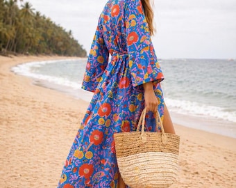 Hand Block Print Cotton Kimono Robe: Floral Midi Bathrobe