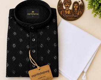 Men’s Embroidered Kurta Pajama Set – Pure Cotton Sequin Work – Traditional Indian Festival & Wedding Wear