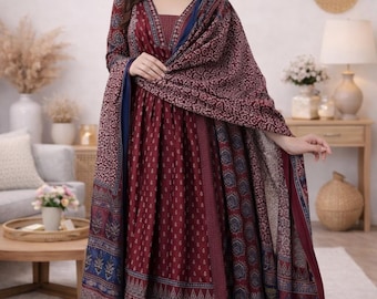 Hand Block Print Cotton Anarkali Kurti Set with Dupatta | Indian Ethnic Long Kurta Set | Floral Printed Kurti Suit | Festive Wear Women