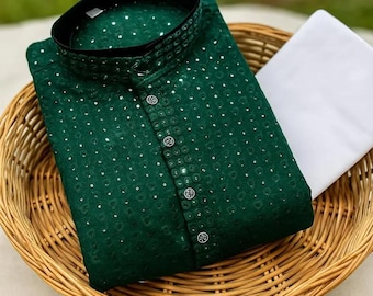 Men’s Embroidered Kurta Pajama Set – Pure Cotton Sequin Work – Traditional Indian Festival & Wedding Wear