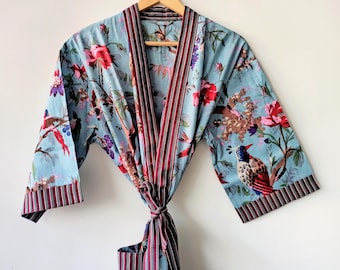 Cotton Kimono Robe Dressing Gown, Block Print Bridesmaid Robe, Summer Nightwear, One Size
