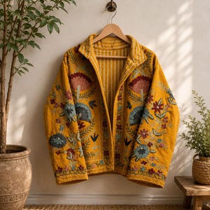 May include: A mustard yellow quilted jacket featuring intricate floral embroidery in shades of red, blue, and green. The garment has a collared neckline, long sleeves, and an open front design, revealing a striped lining in yellow and white.