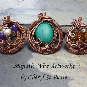May include: Three copper wire wrapped pendants with different stones. The first pendant features a cluster of purple and white stones. The second pendant features a turquoise stone. The third pendant features a cluster of amber stones.  Majestic Wire Artworks by Cheryl St. Pierre.
