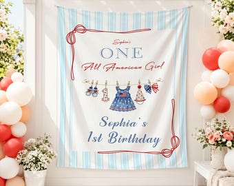 Personalized One American Girl Birthday Banner, Patriotic First Birthday Backdrop, Red White Blue Party Tapestry, Custom Name Decor