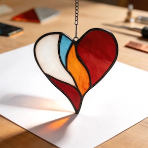 Op de afbeelding: Een hartvormige glas-in-lood zanger met segmenten van wit, lichtblauw, oranje en rood glas, bijeengehouden door zwarte metalen soldeerlijnen. Het object hangt aan een dunne metalen ketting en werpt een kleurrijke schaduw op het oppervlak.