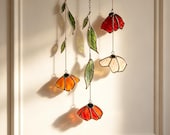 Autumn Poppy Leaf Stained Glass Suncatcher, Handmade Floral Wind Chime Porch Window Decor, Thanksgiving Gift Custom Garden Light Catcher Art