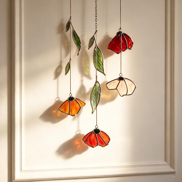 Autumn Poppy Leaf Stained Glass Suncatcher, Handmade Floral Wind Chime Porch Window Decor, Thanksgiving Gift Custom Garden Light Catcher Art