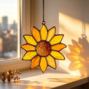 Minimalist Sunflower Stained Glass Suncatcher, Handmade Room Glass Ornament, Housewarming Gift, Yellow Floral Window Hanging, Rustic Decor
