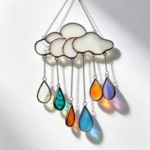 Cloud Rainbow Raindrop Stained Glass Suncatcher, Hanging Mobile Kids Room Window Decor, Handmade Baby Shower Gift, Weather Playroom Ornament