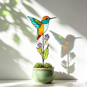 Atrapasol de Vidrieras con Colibrí y Flores Decoración para Maceta de Suculentas Alféizar Ventana Regalo Manualidad Estilo Boho