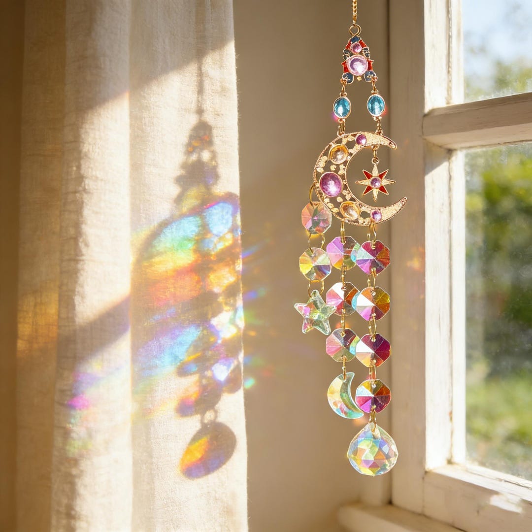 Moon Star Celestial Crystal Suncatcher Wind Chime Rainbow Boho Window ...