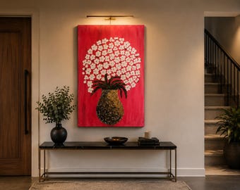 Grote witte bloemencanvaskunst met textuur | Origineel handgeschilderd bloemenvaasschilderij | Roze moderne muurdecoratie | Statementkunstwerk van 90 x 60 cm