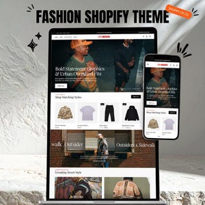 Può includere: Una visualizzazione digitale di un tema per siti web Shopify intitolato Fashion Shopify Theme, con un portatile e uno smartphone che mostrano la homepage del marchio Obsidian con elenchi di prodotti e grafiche urbane.