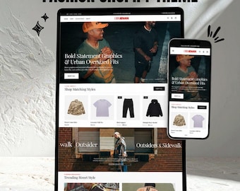 Könnte beinhalten: Eine digitale Darstellung eines Shopify-Website-Themes mit dem Titel Fashion Shopify Theme, bestehend aus einem Laptop und einem Smartphone, die die Homepage der Marke Obsidian mit Produktlisten und urbanen Designs zeigen.