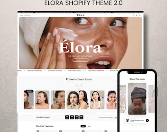 Puede incluir: Un diseño de sitio web para una tienda de cuidado de la piel, con el texto "SKINCARE STORE" y "ELORA SHOPIFY THEME 2.0". El sitio web muestra productos para el cuidado de la piel con la marca "Élora" y el lema "PREMIUM SKINCARE". Un teléfono móvil muestra una sección "Shop The Look".