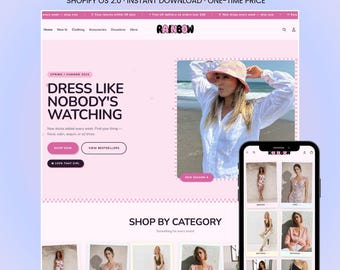 Könnte beinhalten: Webdesign für Modemarken, in Rosa und Weiß. Die Website zeigt Bekleidungskategorien und ein Mobiltelefon mit der Website. Der Text enthält "Dress Like Nobody's Watching." Sofortiger Download.