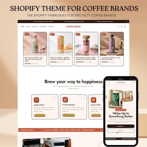 Könnte beinhalten: Ein Website-Design für eine Kaffeemarke, das verschiedene Kaffeeprodukte präsentiert. Die Seite zeigt Produktbilder, Beschreibungen und eine mobile Ansicht. Der Text enthält "SPARK BREW" und "Brew your way to happiness."