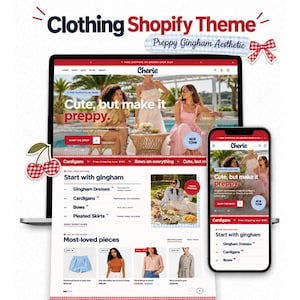 Shopify Theme Feminine | Cherie OS 2.0 | Fashion Shopify Theme | Preppy Gingham Clothing Boutique Website Template | Bow Cardigan Theme
