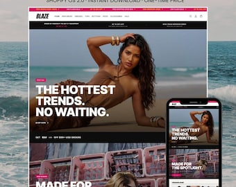 Könnte beinhalten: Eine digitale Darstellung eines Shopify-Themes für Modemarken, mit einem Website-Layout, das den Text SHOPIFY THEME FOR FASHION BRANDS, BLAZE, THE HOTTEST TRENDS. NO WAITING. und MADE FOR THE SPOTLIGHT enthält. Ein Mobiltelefon zeigt die Oberfläche.