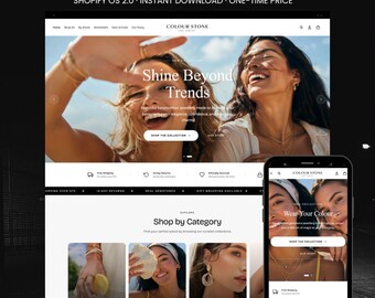 Könnte beinhalten: Ein Shopify-Theme für Schmuckmarken, dargestellt auf einer Desktop- und Mobil-Oberfläche. Die Website zeigt den Markennamen Colour Stone, Navigationsmenüs und Werbebanner mit Texten wie Shine Beyond Trends und Shop by Category.