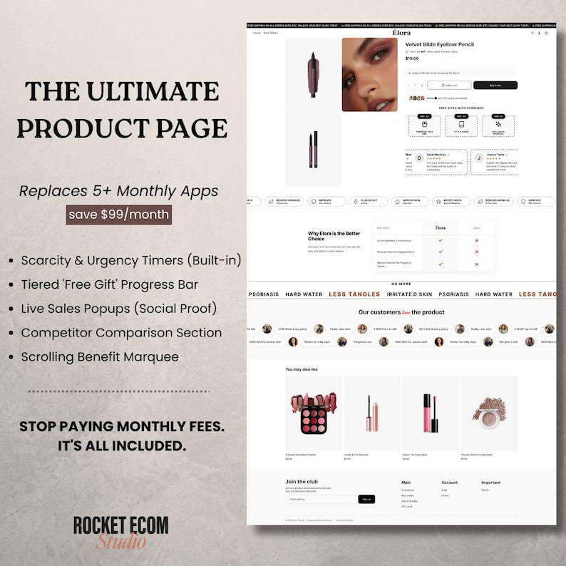 May include: A website product page mockup with the text "THE ULTIMATE PRODUCT PAGE." The page includes product images, a product description, and a list of features. The page also includes the text "STOP PAYING MONTHLY FEES. IT'S ALL INCLUDED."