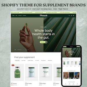 Può includere: Un tema per sito web Shopify per marchi di integratori visualizzato su un monitor desktop e uno smartphone. L'interfaccia presenta una tavolozza di colori verde scuro, elenchi di prodotti Pinnacle e il testo Whole body health starts in the gut.
