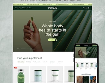 Könnte beinhalten: Ein Shopify-Website-Theme für Nahrungsergänzungsmittelmarken, dargestellt auf einem Desktop-Monitor und einem Smartphone. Die Benutzeroberfläche zeigt eine dunkelgrüne Farbpalette, Pinnacle-Produktlisten und den Text Whole body health starts in the gut.