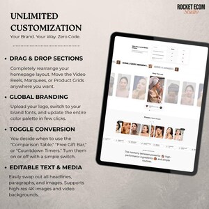 May include: A tablet displays a website interface with product images and text. The screen shows options for customization, including drag-and-drop sections, global branding, and toggle conversion. Text on the screen includes "UNLIMITED CUSTOMIZATION" and "ROCKET ECOM Studio."
