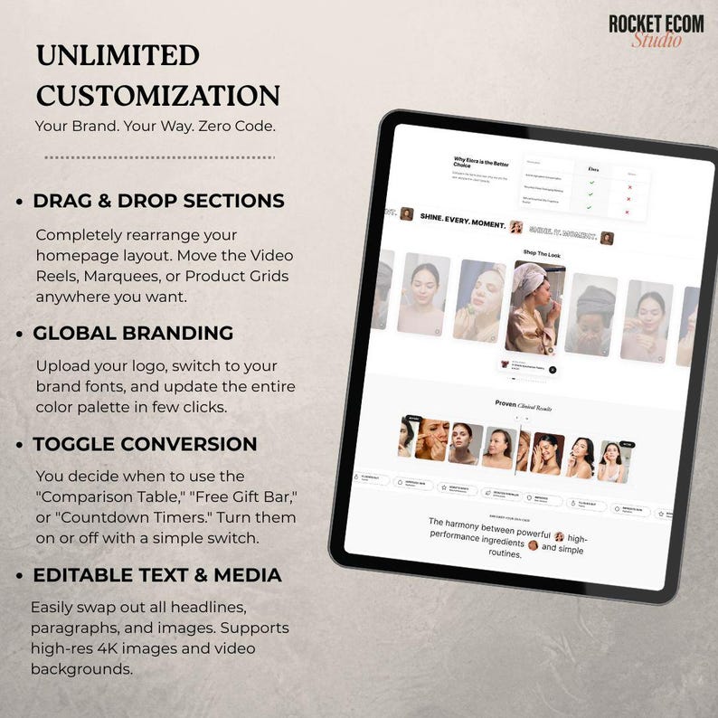 May include: A tablet displays a website interface with product images and text. The screen shows options for customization, including drag-and-drop sections, global branding, and toggle conversion. Text on the screen includes "UNLIMITED CUSTOMIZATION" and "ROCKET ECOM Studio."